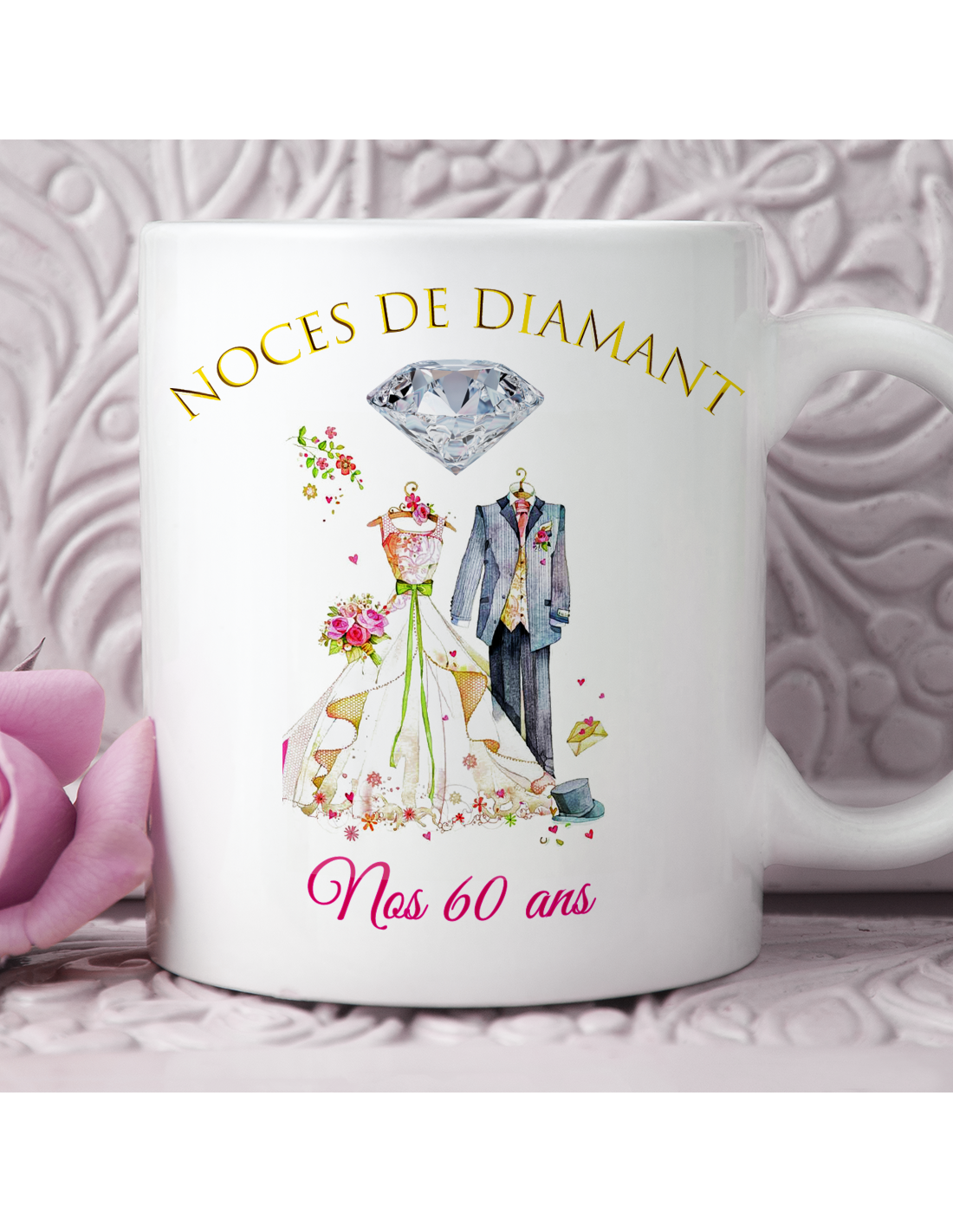 Tasse-Mug Cadeau Anniversaire 60 Ans de Mariage Noce de Diamant Original  Amour Couple Romantique