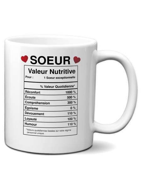 Tasse-Mug Cadeau Soeur -Étiquette Valeur Nutritive Exceptionnelle